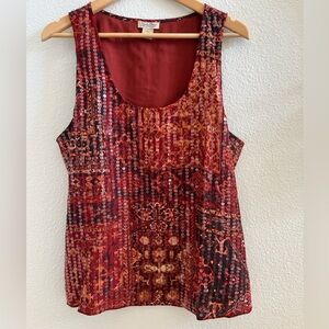 Lucky Brand | XL | Red Silk Boho Sequin Tunic Tank Top | Earth Tone Lined